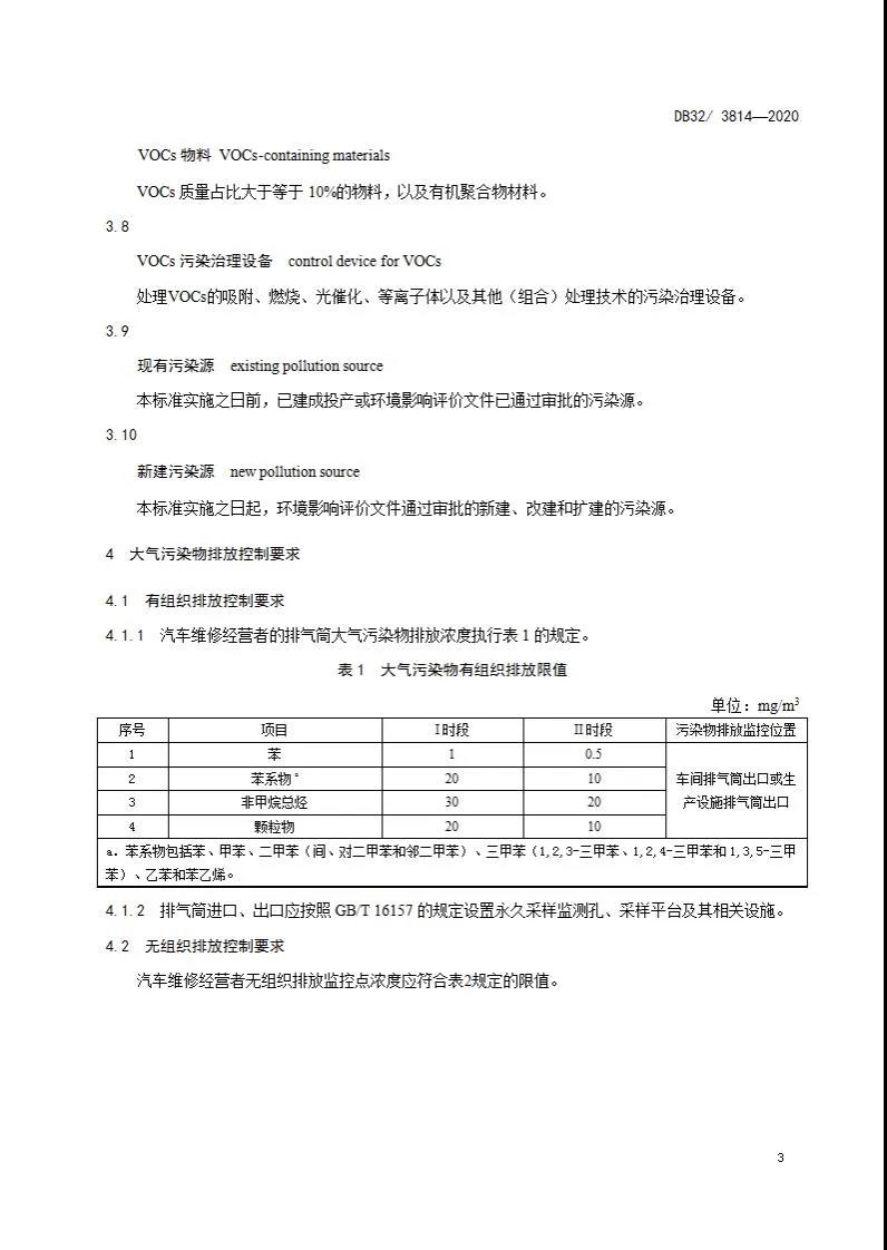 DB32/3814-2020 汽車維修行業(yè)大氣污染物排放標準