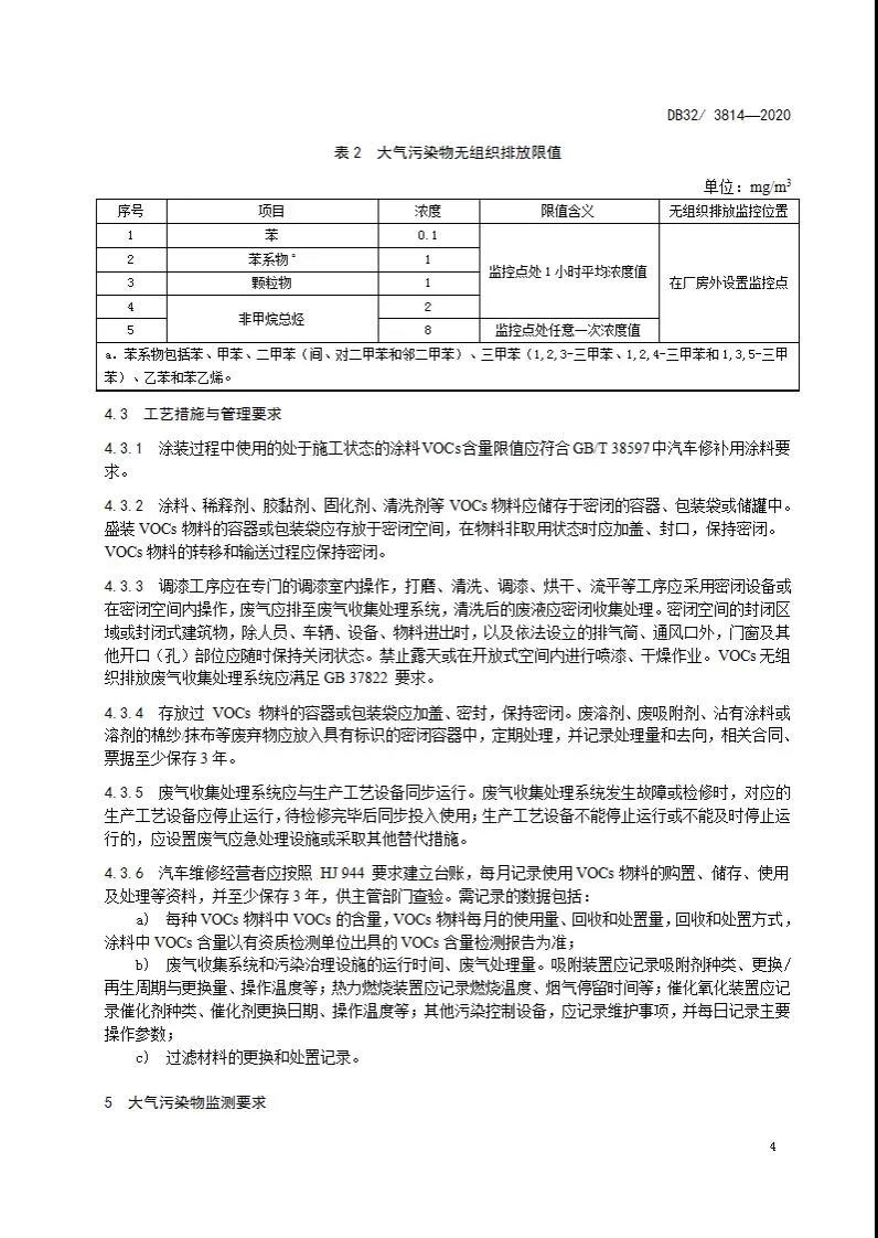 DB32/3814-2020 汽車維修行業(yè)大氣污染物排放標準